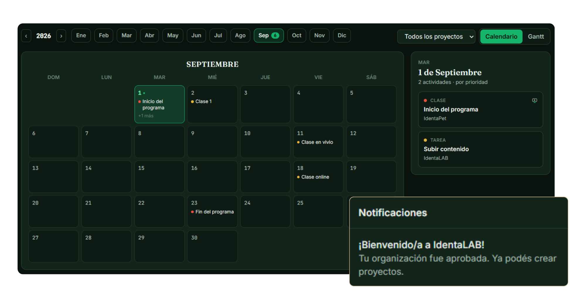 Calendario institucional de IdentaLAB con hitos, clases y notificaciones automáticas